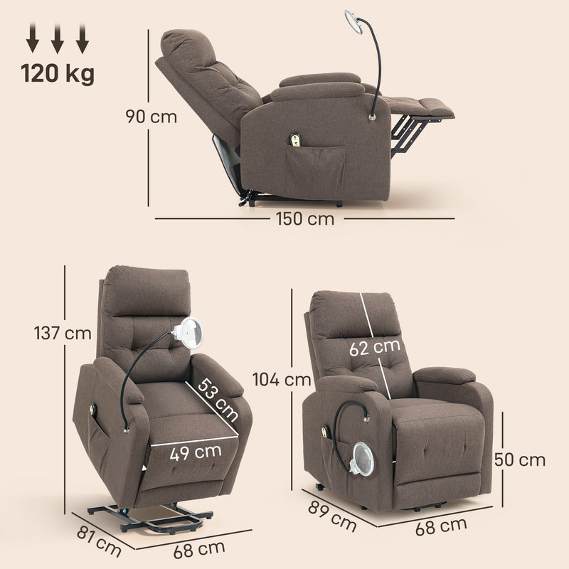 Electric Rise and Recline Armchair with Built In Reading Light for Comfort and Support, Brown