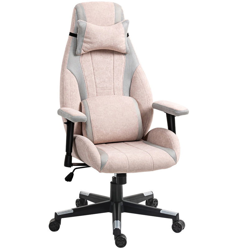 Pale Pink Fabric Gaming Chair With Lumbar Support And Headrest For Comfortable Play