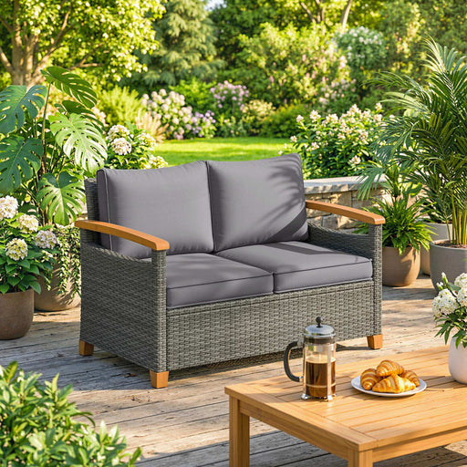 2 Seater Garden Rattan Sofa with Thick Cushions and Supportive Armrests for Outdoor Relaxing Dark Grey Outsunny