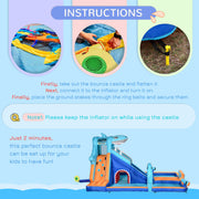 6 in 1 Inflatable Water Park with Slide Pool Trampoline and Blower for Kids Ages 3-8 Years, Blue Outsunny