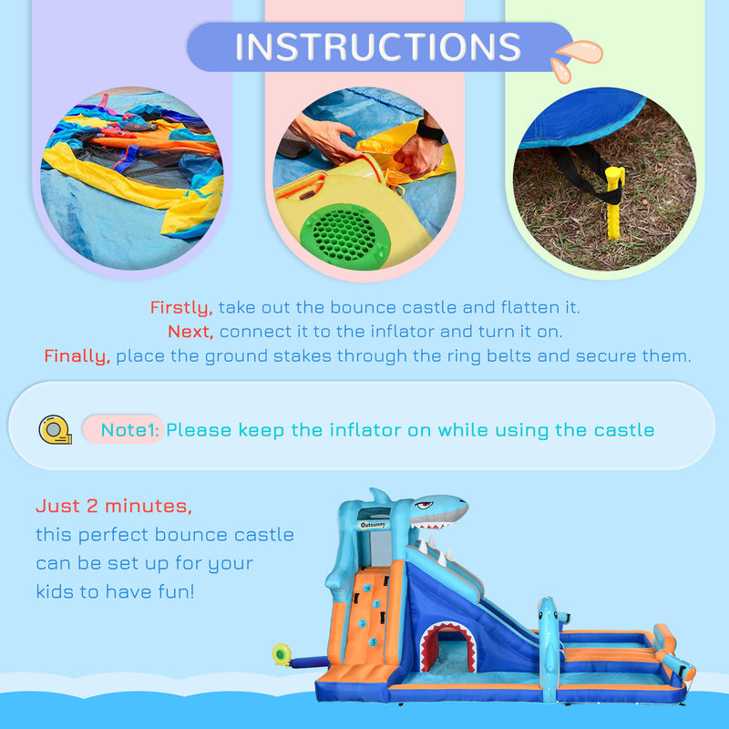 6 in 1 Inflatable Water Park with Slide Pool Trampoline and Blower for Kids Ages 3-8 Years, Blue Outsunny