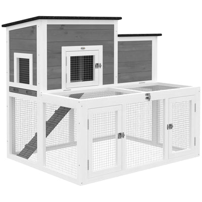 Two Level Rabbit Hutch with Easy Clean Tray and Secure Run for Indoor or Outdoor Use Grey AOSOM