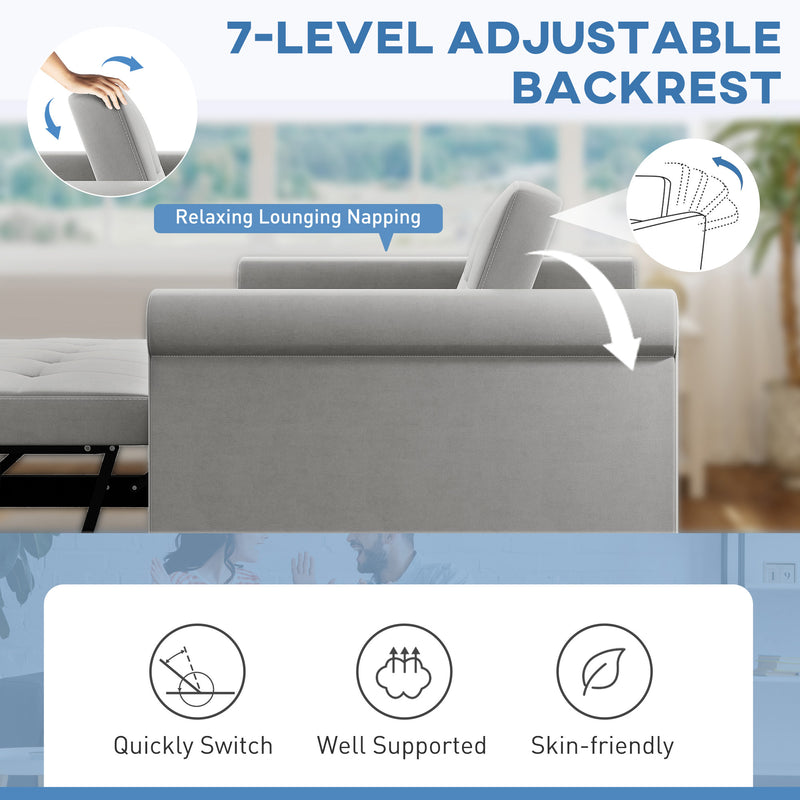 Two Seater Velvet Feel Sofa Bed With Foldable Design For Guest Rooms Grey