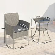 Rattan Garden Bistro Set for Small Spaces with Cushioned Chairs and Glass Table Outsunny