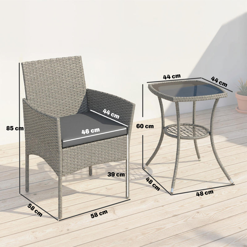 Rattan Garden Bistro Set for Small Spaces with Cushioned Chairs and Glass Table Outsunny