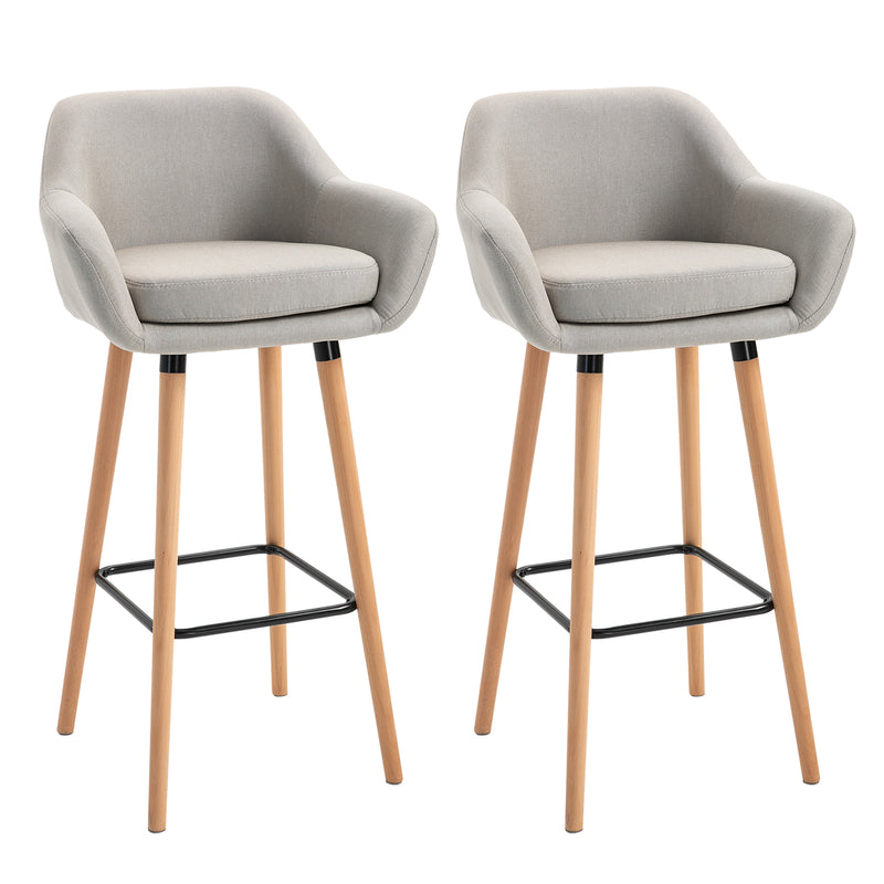 Set of 2 Upholstered Bar Stools with Solid Wood Legs for Kitchen or Dining Room Beige