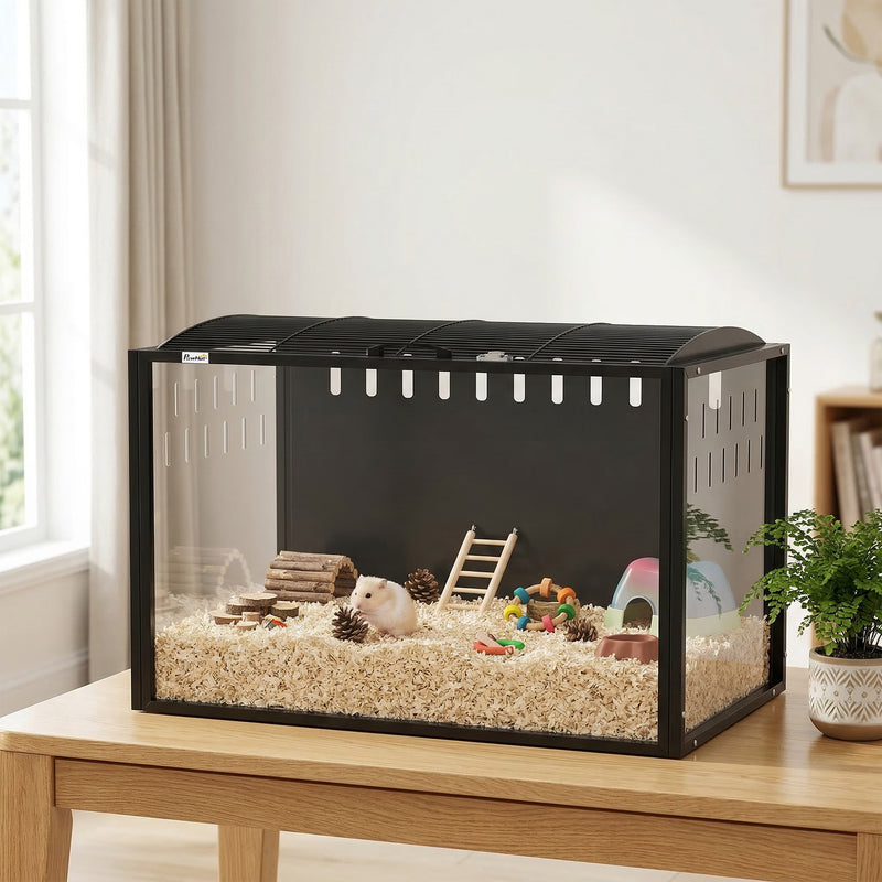 Hamster Cage with Spacious Interior and Easy Access for Cleaning and Feeding Black Transparent AOSOM
