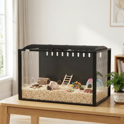 Hamster Cage with Spacious Interior and Easy Access for Cleaning and Feeding Black Transparent AOSOM