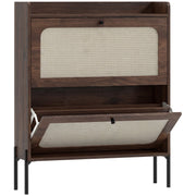 Dark brown slim shoe cabinet with rattan flip drawers, lower drawer open, studio shot