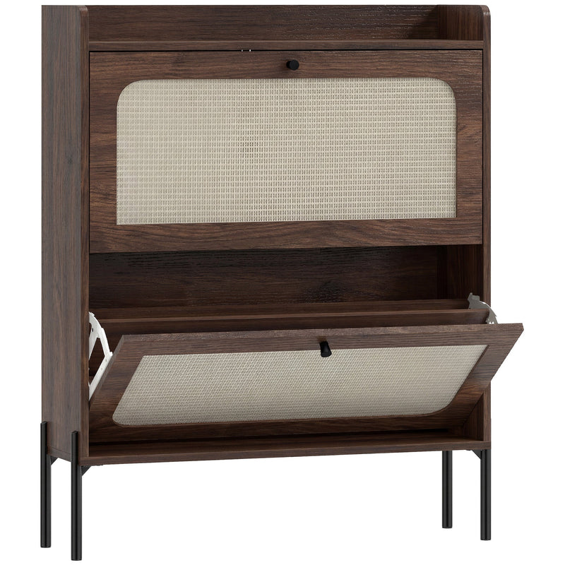 Dark brown slim shoe cabinet with rattan flip drawers, lower drawer open, studio shot