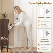 Woman opening the 23.7 cm deep flip shoe cabinet beside a front door