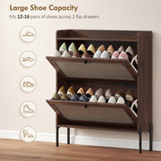 Both flip drawers open showing 12-16 pairs of shoes stored inside