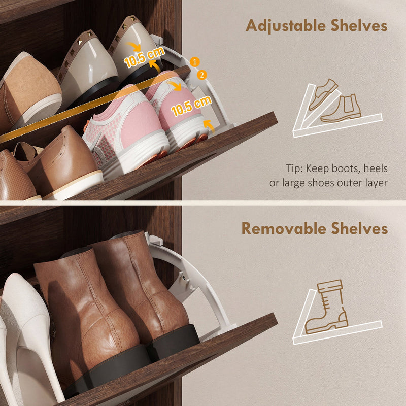 Close-up of adjustable and removable drawer shelves holding trainers and boots