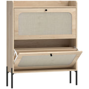 Oak slim shoe cabinet with rattan flip drawers, lower drawer open, studio shot