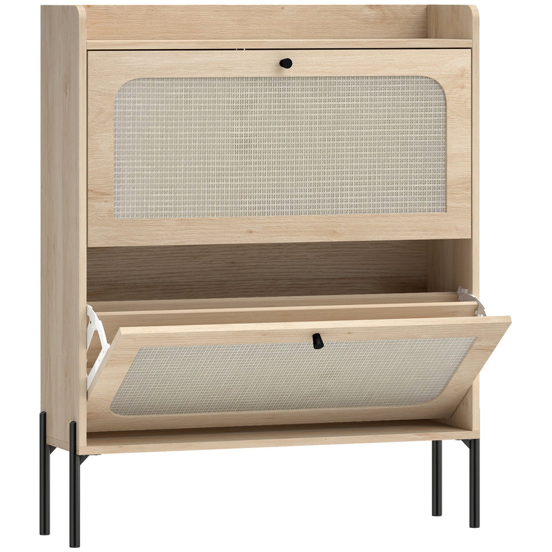Oak slim shoe cabinet with rattan flip drawers, lower drawer open, studio shot