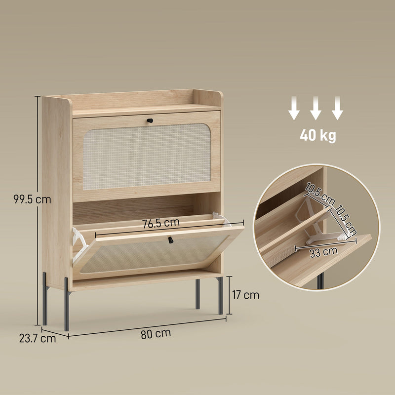 Shoe cabinet dimensions diagram showing 80 x 23.7 x 99.5 cm with 17 cm leg clearance and 40 kg capacity