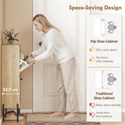 Comparison graphic showing the flip-door design against a traditional swing-door shoe cabinet
