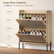 Both flip drawers open showing 12-16 pairs of shoes stored inside the oak cabinet