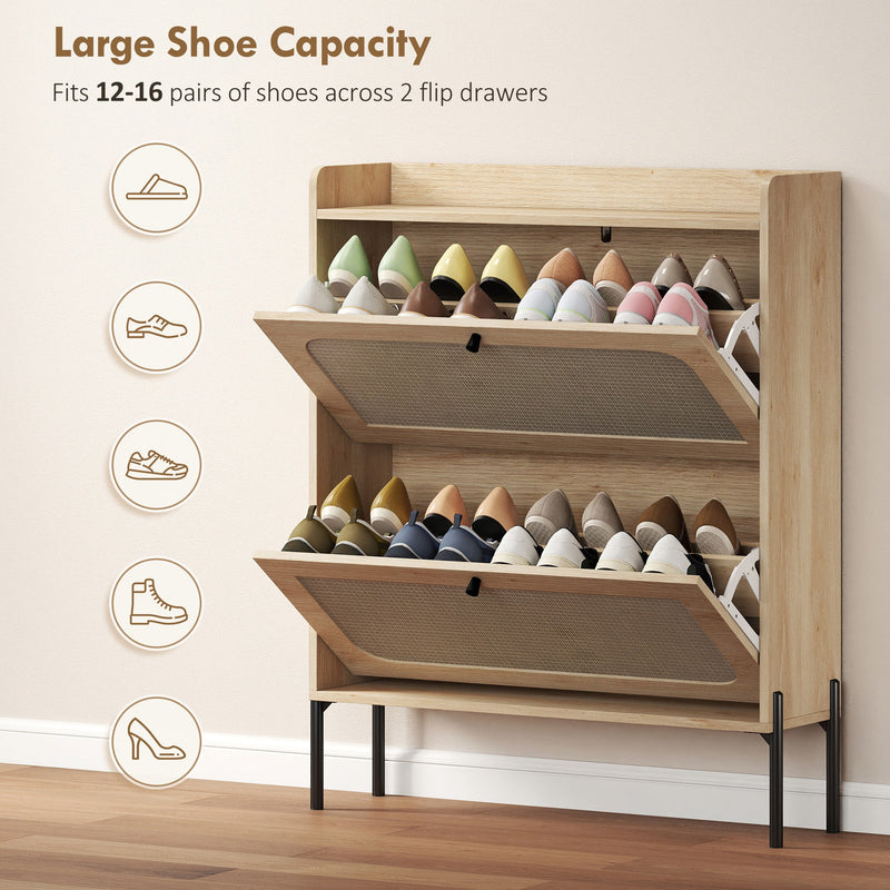 Both flip drawers open showing 12-16 pairs of shoes stored inside the oak cabinet
