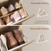 Close-up of the adjustable and removable drawer shelves holding shoes and boots