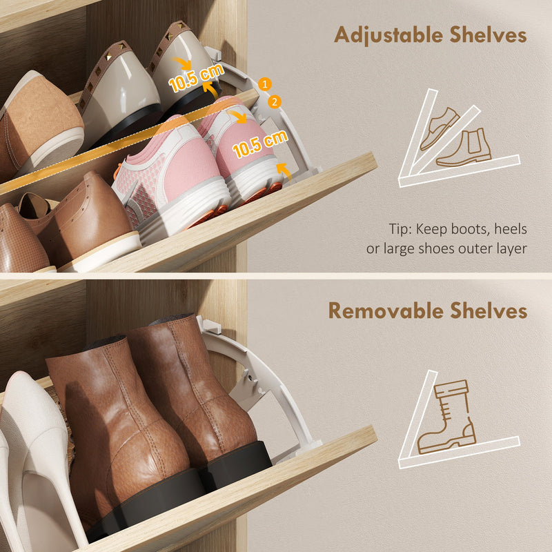 Close-up of the adjustable and removable drawer shelves holding shoes and boots