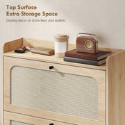 Close-up of the raised top surface holding keys, a coffee cup and decor items