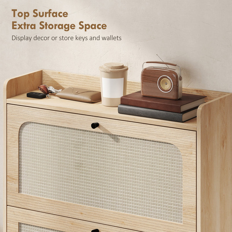 Close-up of the raised top surface holding keys, a coffee cup and decor items