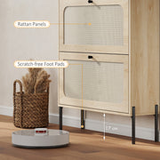 Close-up of rattan drawer panels and steel legs with foot pads and 17 cm floor clearance