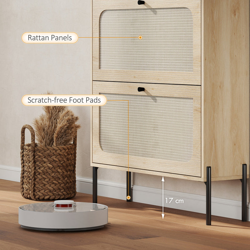 Close-up of rattan drawer panels and steel legs with foot pads and 17 cm floor clearance