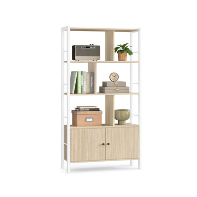 Beige and white bookcase with white steel frame, staggered open shelves and a lower 2-door cabinet