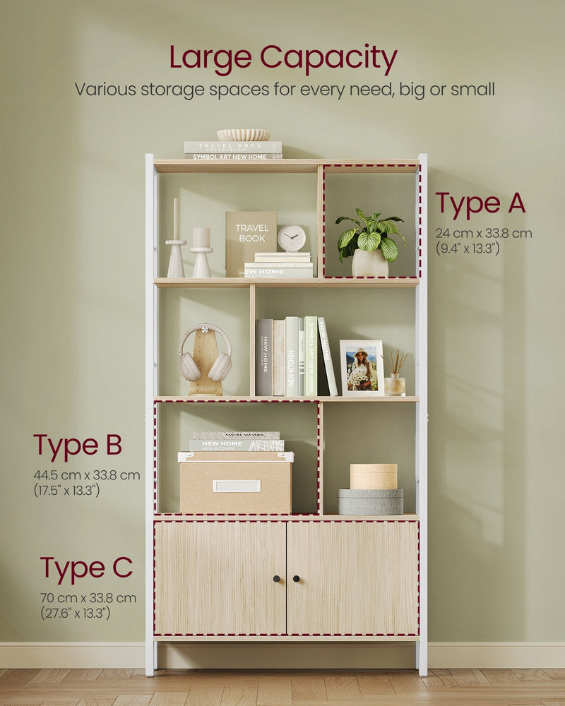 Labelled diagram of the 3 storage compartment sizes, including the lower cabinet, with dimensions in cm and inches