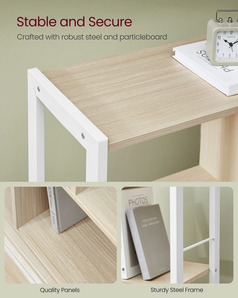 Close-up of the steel frame joints and particleboard shelf panels showing the sturdy construction