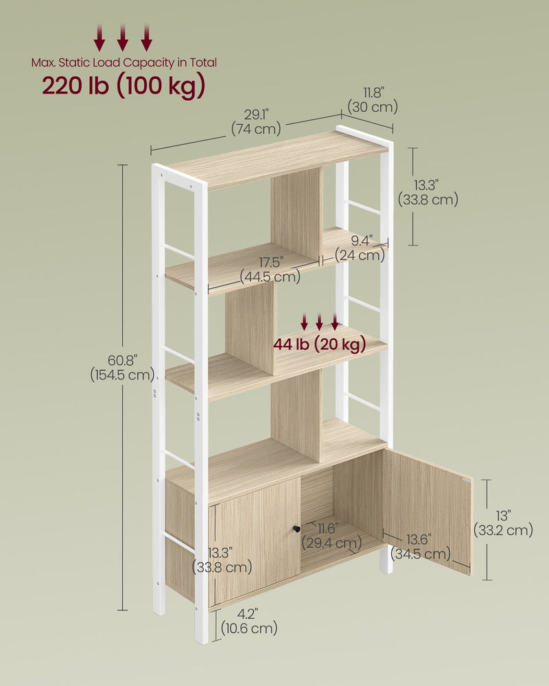 Full labelled dimensions diagram showing the bookcase at 74 x 30 x 154.5 cm with 100 kg total load capacity