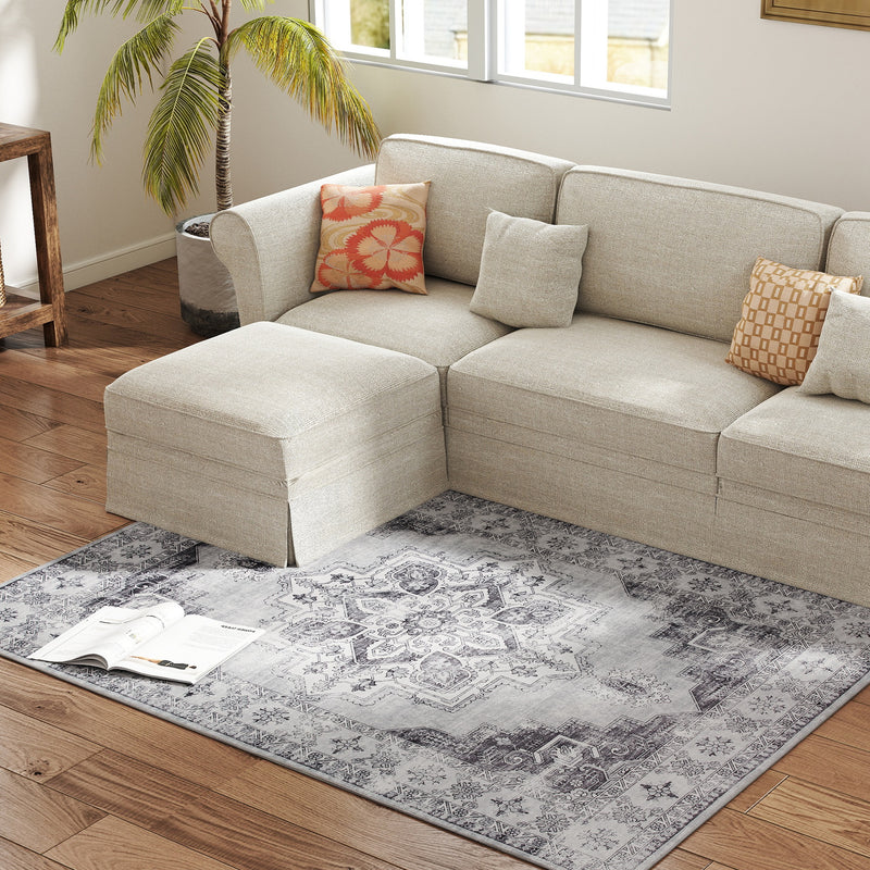 Vintage Style Washable Flannel Rug Non Slip Carpet for Living Room or Bedroom Grey 170x120cm