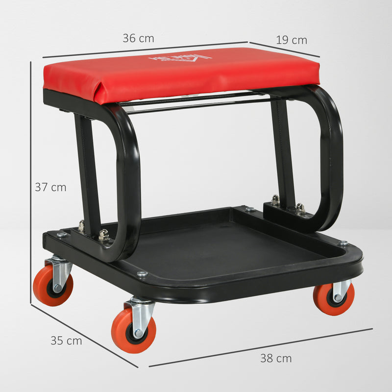 Mechanic Stool with Tool Tray and Wheels for Comfortable Garage Work Red and Black AOSOM