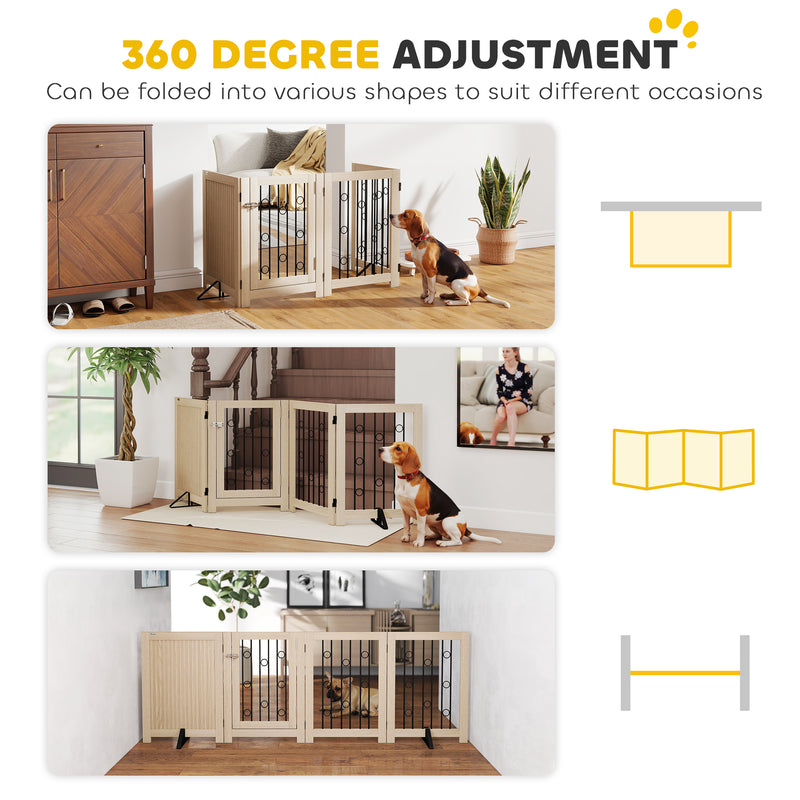 4 Panel Freestanding Pet Gate with Lockable Door and Support Feet for Indoor Use Oak AOSOM