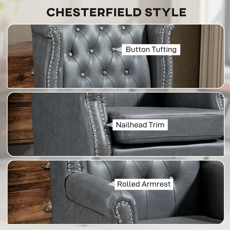Grey Tufted Wingback Accent Armchair with Nailhead Trim Ideal for Living Room or Bedroom