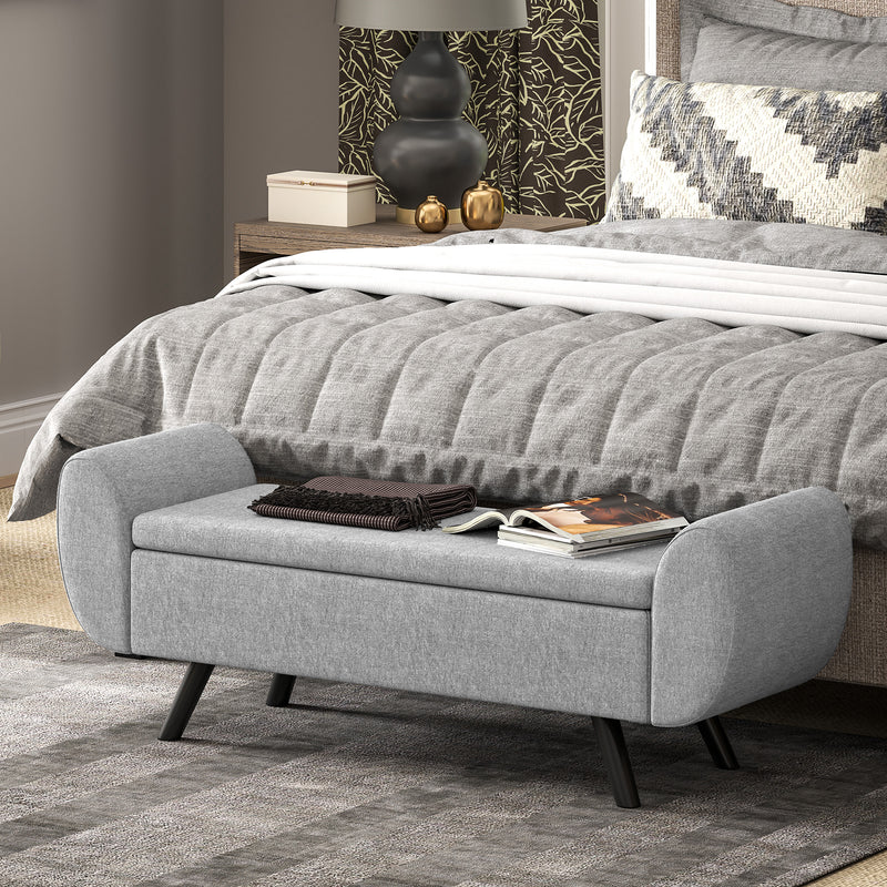 Dark Grey Upholstered Storage Ottoman Bench with Armrests and Rubberwood Legs by HOMCOM