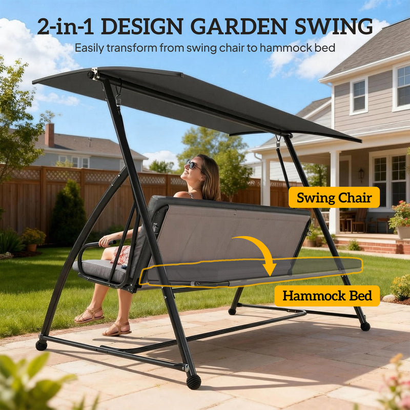 Patio Swing - 3 Seater Garden Swing Chair Lounger With Tilt Canopy And Cushions For Relaxing, Dark Grey