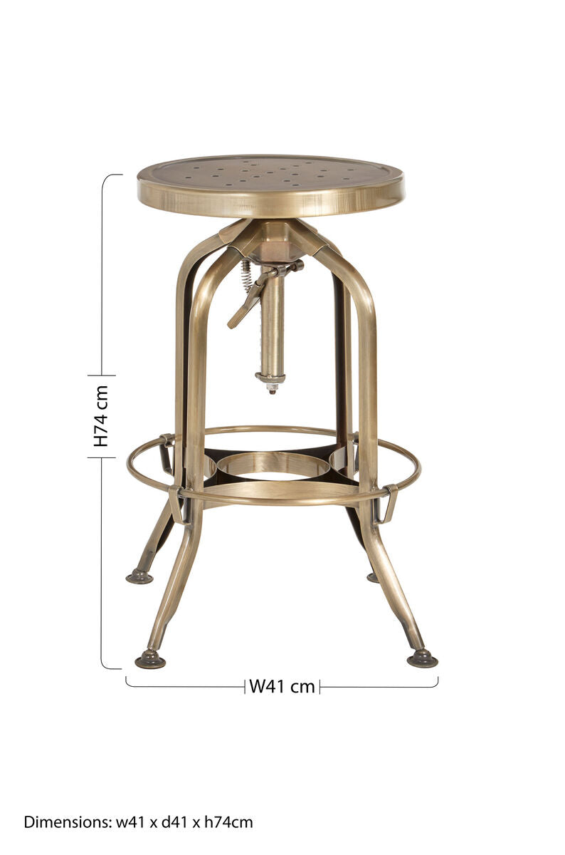 Dimensions diagram for brass bar stool: 74cm high, 41cm deep, 41cm wide