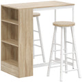 Oak-effect breakfast bar table with three side shelves and two white bar stools