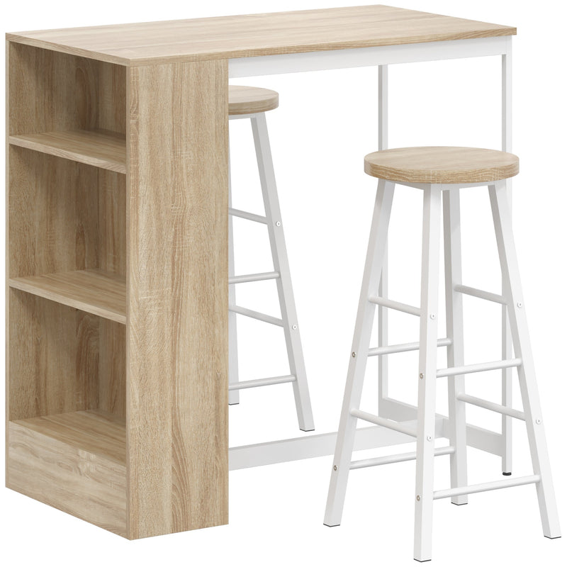 Oak-effect breakfast bar table with three side shelves and two white bar stools