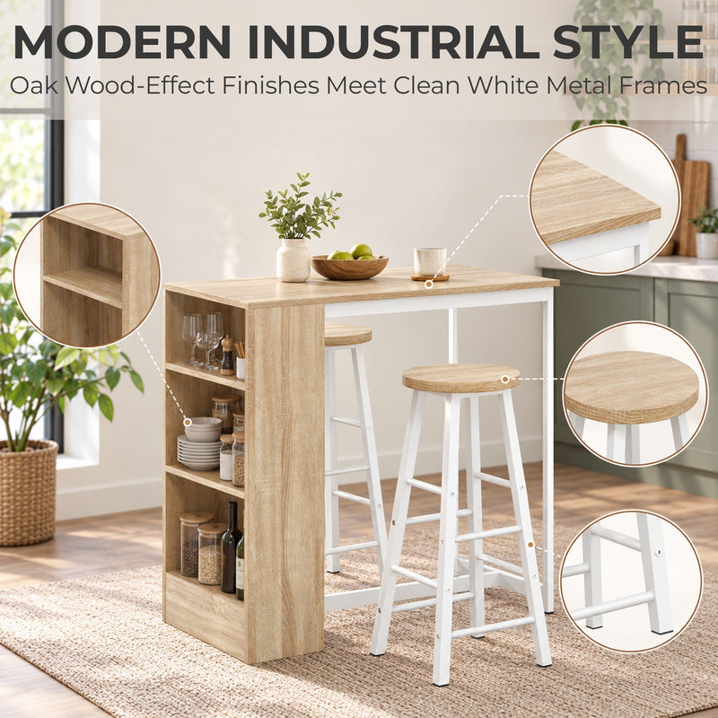Breakfast bar set in a kitchen with close-ups of the oak wood-effect finish, shelf and stool top