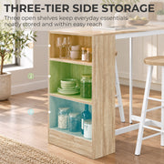 Three-tier open side shelves of the bar table holding glasses, plates and jars