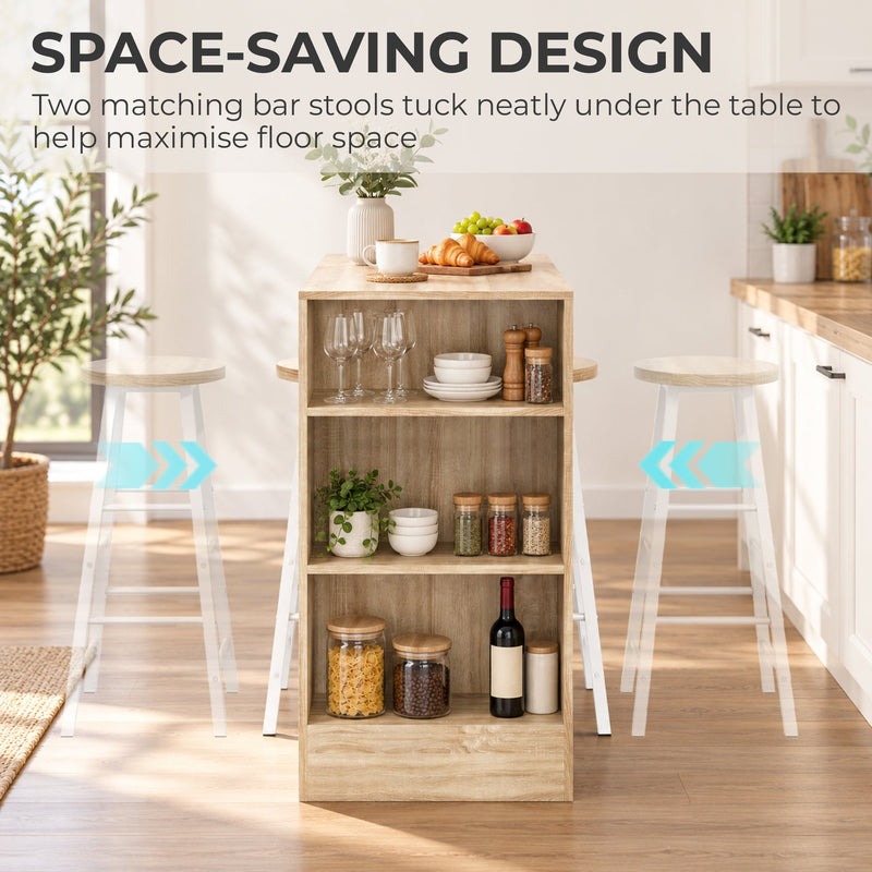Two bar stools tucked under the tabletop to save floor space, with plates on the shelves