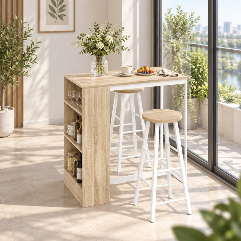 Breakfast bar table and stools by a window in a small kitchen