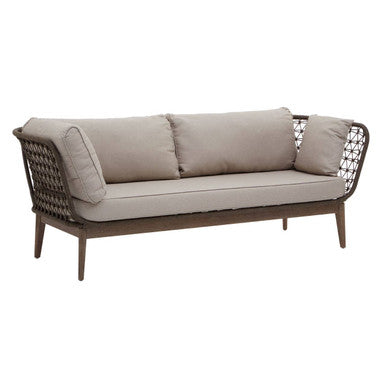 Side view of the bronze and charcoal 3 seater sofa on a plain background