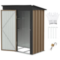 Brown 5x3ft Outsunny lean-to metal garden shed with its hinged door open, shown with gloves, ground stakes and a padlock