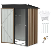 Brown 5x3ft Outsunny lean-to metal garden shed with its hinged door open, shown with gloves, ground stakes and a padlock