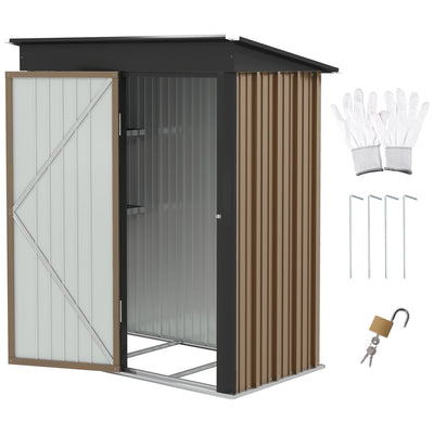 Brown 5x3ft Outsunny lean-to metal garden shed with its hinged door open, shown with gloves, ground stakes and a padlock